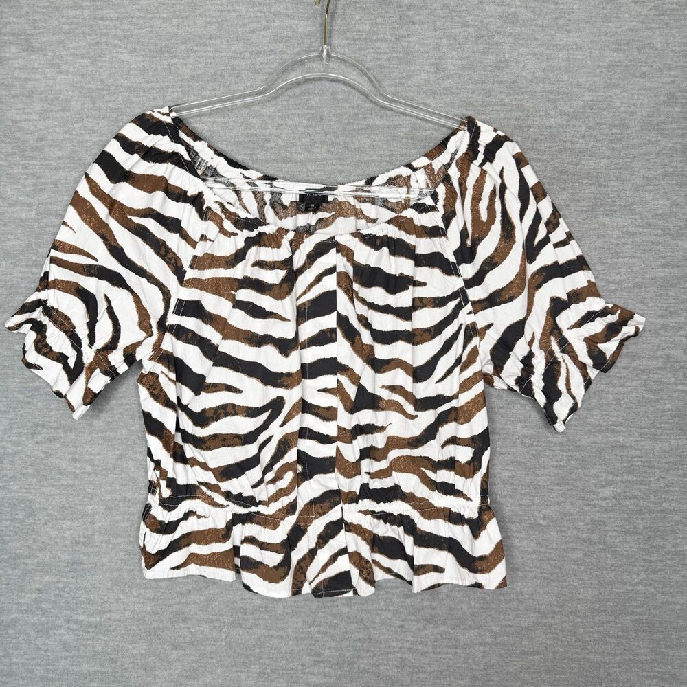 J. Crew Zebra Stripe Button Front Puff Sleeve Top Size Medium Cropped Scoop Neck